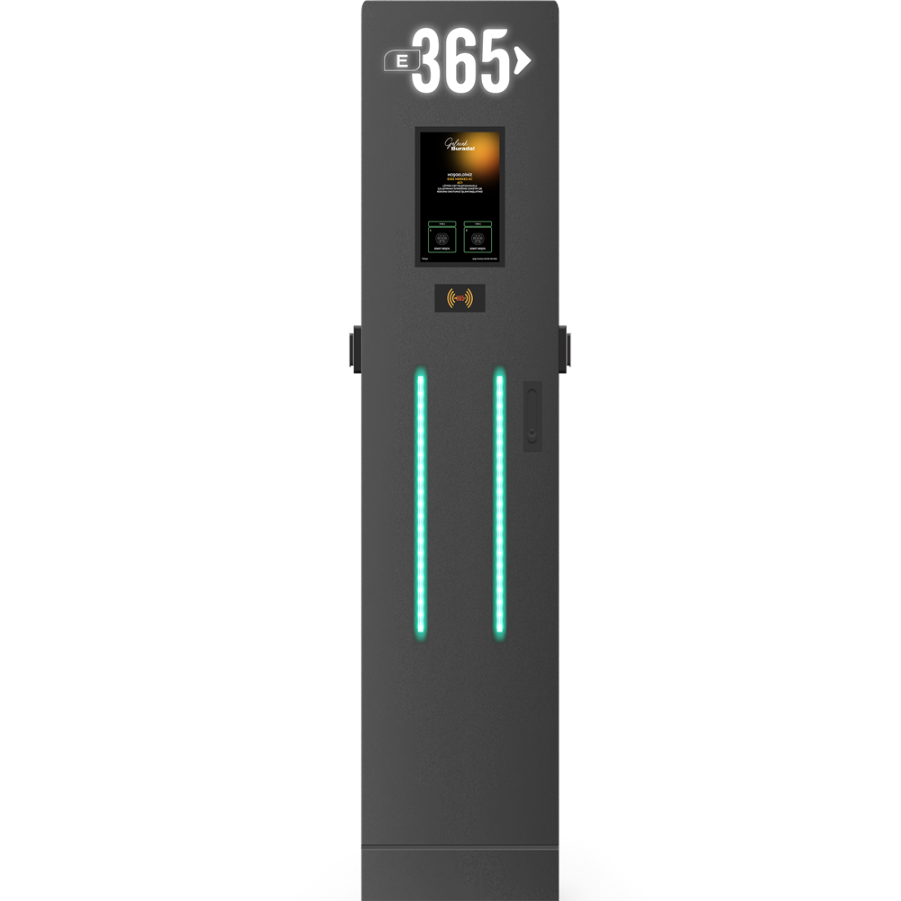 E 365 AC Dikili Tip 8 İnç Ekranlı MID Sayaçlı Çift Soketli RFID 22kW Şarj İstasyonu