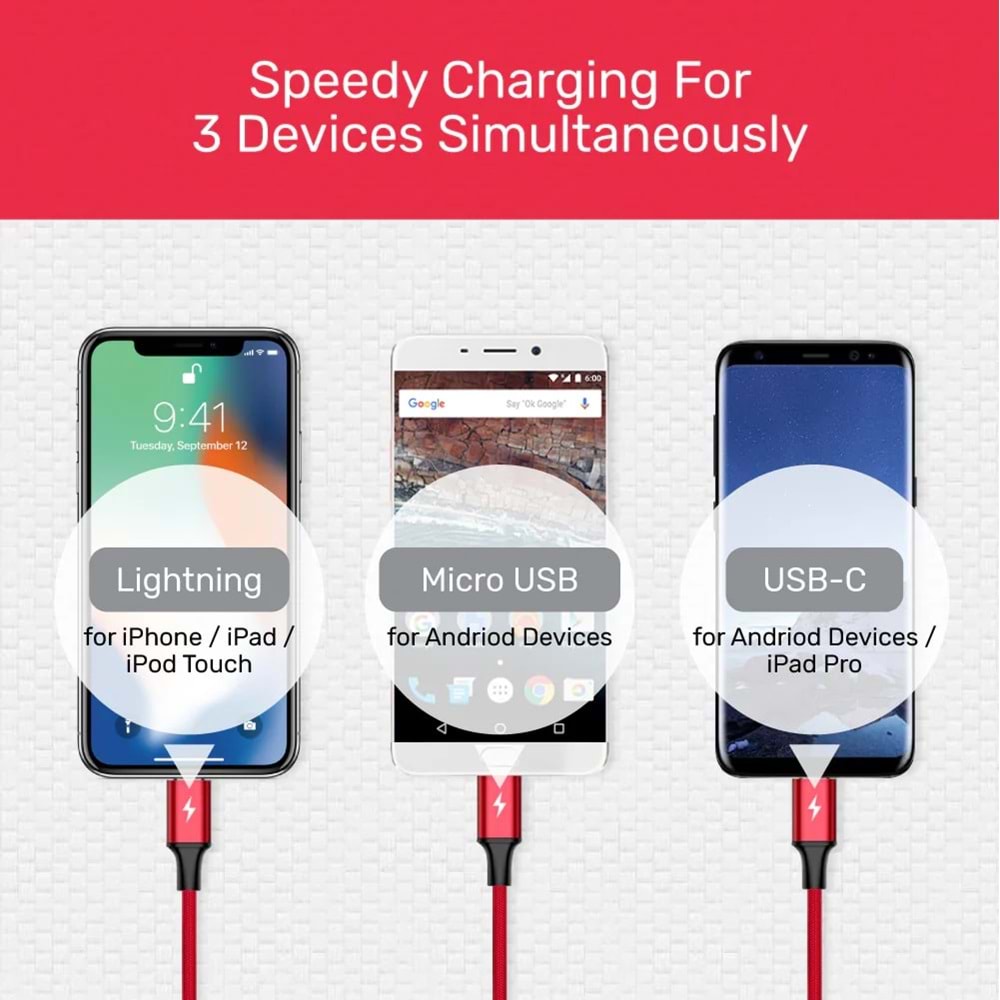 UNITEK USB-A 3in1 HIZLI ŞARJ 1.2MT 2.4A (C14049BK)