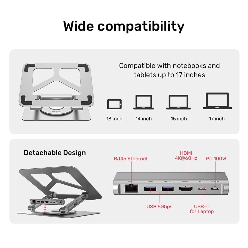 UNITEK USB-C NOTEBOOK STANDI VE DOCKING STATION (D1109A)