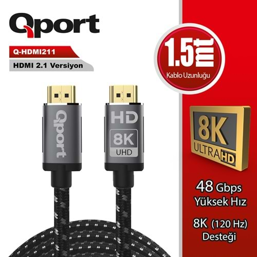 QPORT Q-HDMI211 HDMI 2.1V 8K ALTIN UÇLU 1.5 MT KABLO