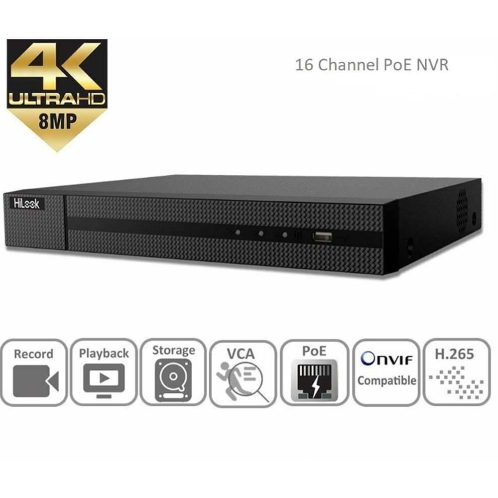 HILOOK NVR-216MH-C/16P 16 KANAL 16 PORT POE 8MP 4K 2XHDD NVR KAYIT CİHAZI