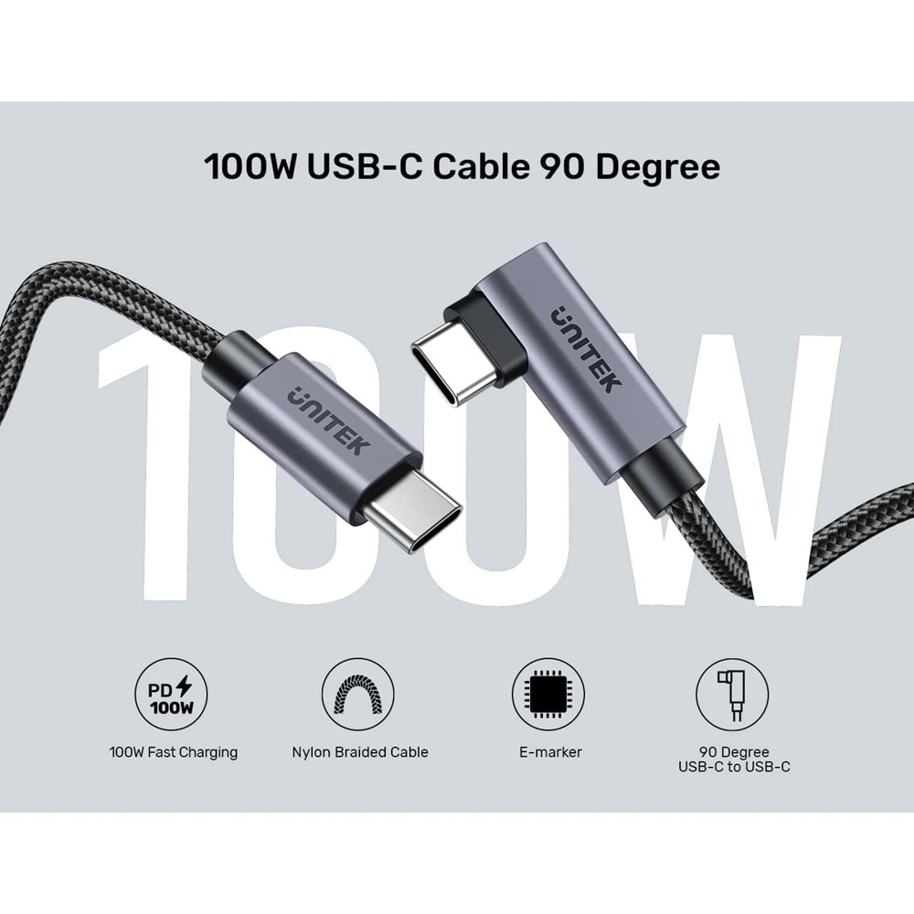 UNITEK TYPE-C HIZLI ŞARJ KABLOSU 90 DERECE 2 METRE 100W (C14123BK-2M)
