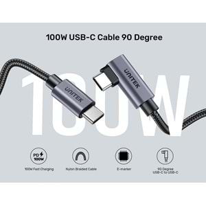 UNITEK TYPE-C HIZLI ŞARJ KABLOSU 90 DERECE 2 METRE 100W (C14123BK-2M)