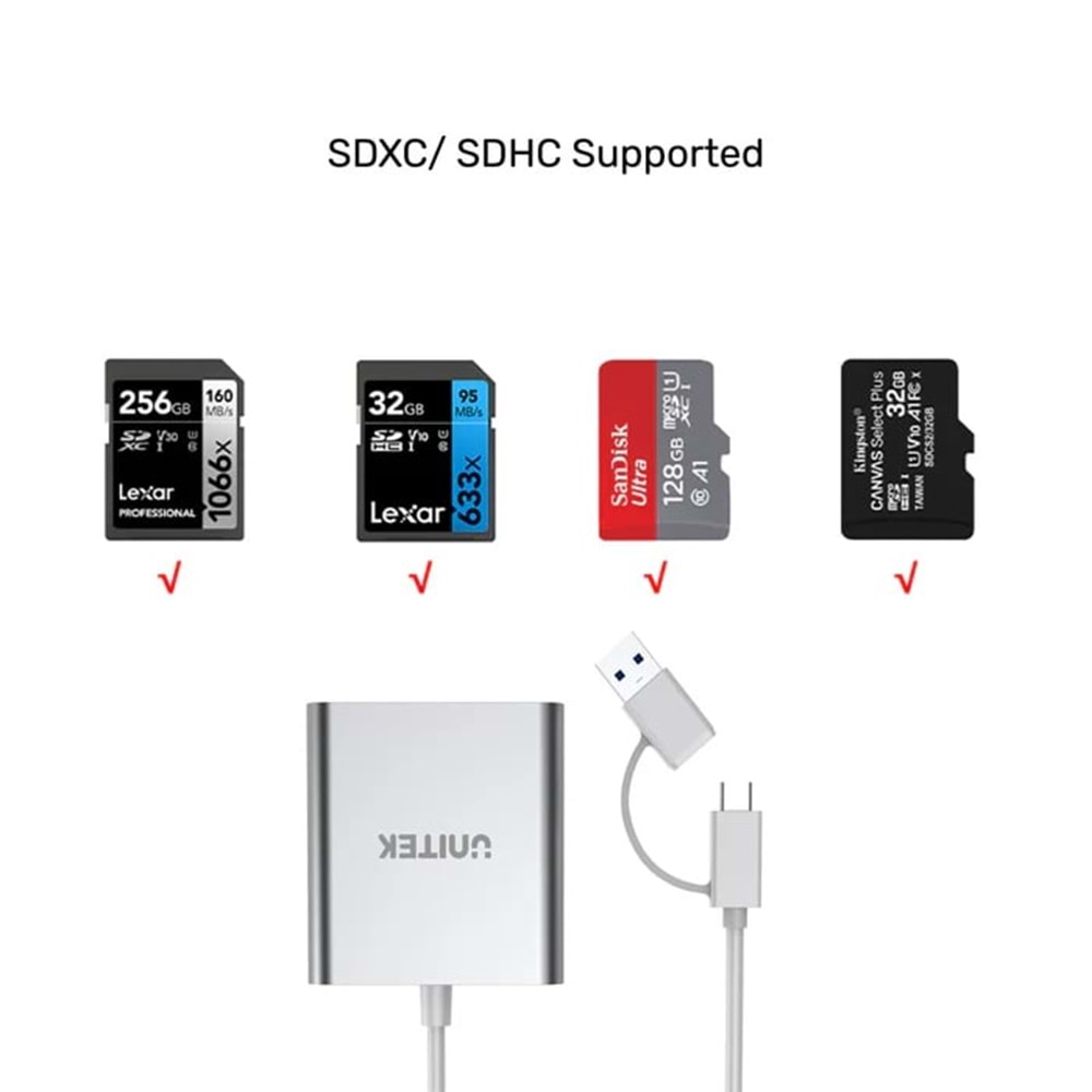UNITEK USB-C/A TO HAFIZA KART OKUYUCU SD/CF/MICRO SD 5GBPS (Y-9313D)