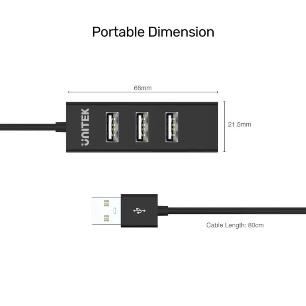 UNITEK TYPE-A TO 4 PORT USB2.0 HUB 80CM KABLO (Y-2140)