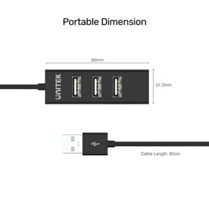 UNITEK TYPE-A TO 4 PORT USB2.0 HUB 80CM KABLO (Y-2140)
