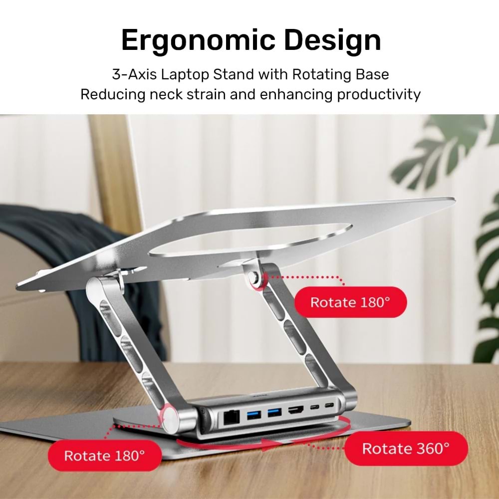 UNITEK 360 DERECE DÖNER 5in1 METAL NOTEBOOK STANDI (ETHERNET, 2xUSD3.0, HDMI, 100W PD) (D1109B01)